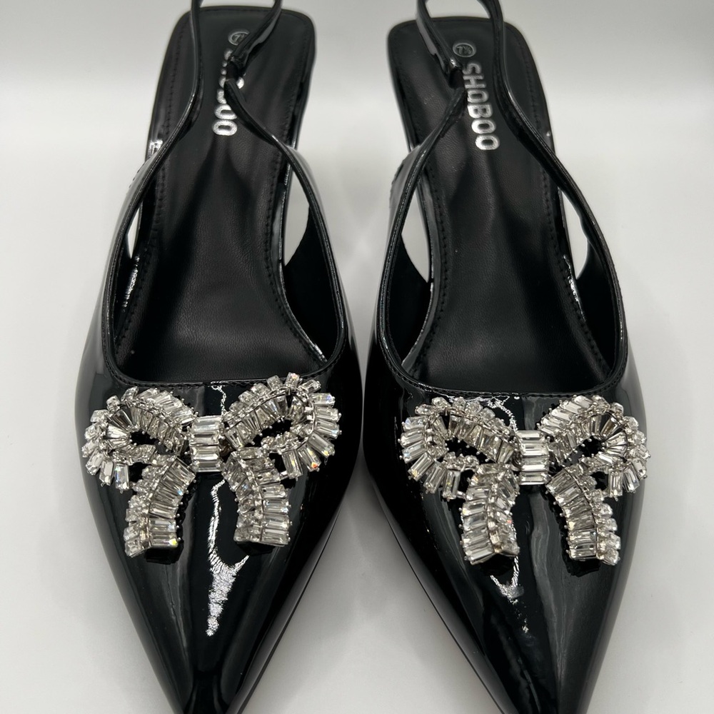 SHOBOO Black Patent Slingback Heels with Crystal Bow Accent